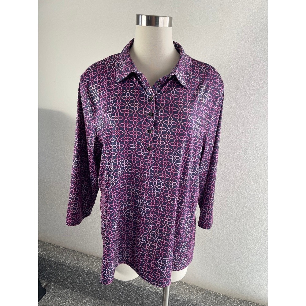 Croft‎ & Barrow Womens Plus XXL Geometric Link V Neck Long Sleeve Top Stretch